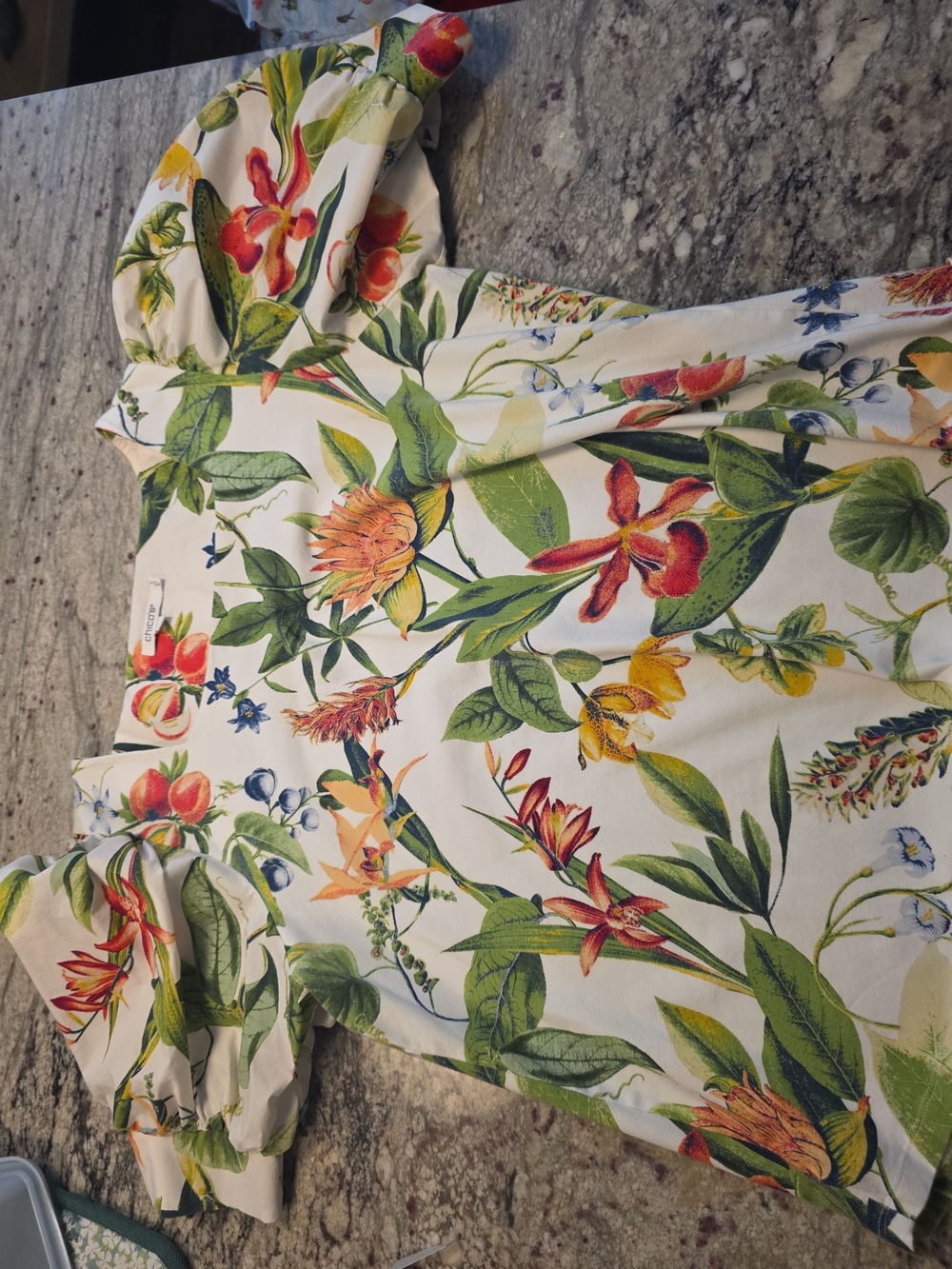 Chico's Tropical Floral Puff-Sleeve Blouse in White